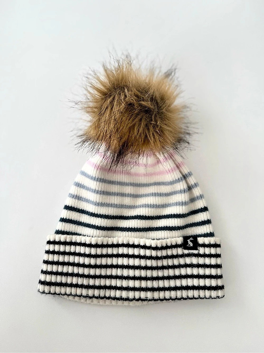 Joules Chillaway Hat Striped Pom-Pom Beanie White Navy Pink Fall Autumn